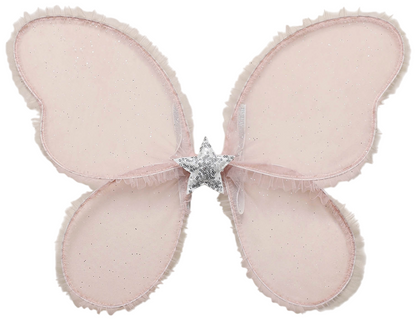 Noralee Wings in light pink feature subtle glitter, ruffled edges, and a silver star at the center. Displayed on a white background, these charming wings are perfect as dress-up accessories or for inspiring imaginative play.