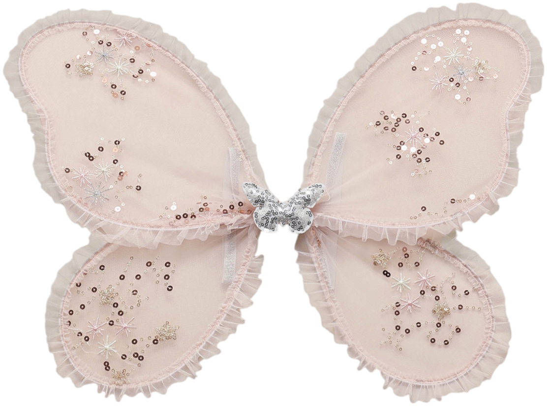 A pair of Noralee Wings in light pink, adorned with sequins and embroidered star patterns, featuring a silver butterfly at the center—a delightful costume accessory for imaginative play.