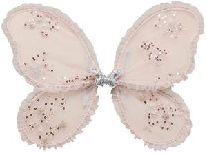 A pair of Noralee Wings in light pink, adorned with sequins and embroidered star patterns, featuring a silver butterfly at the center—a delightful costume accessory for imaginative play.