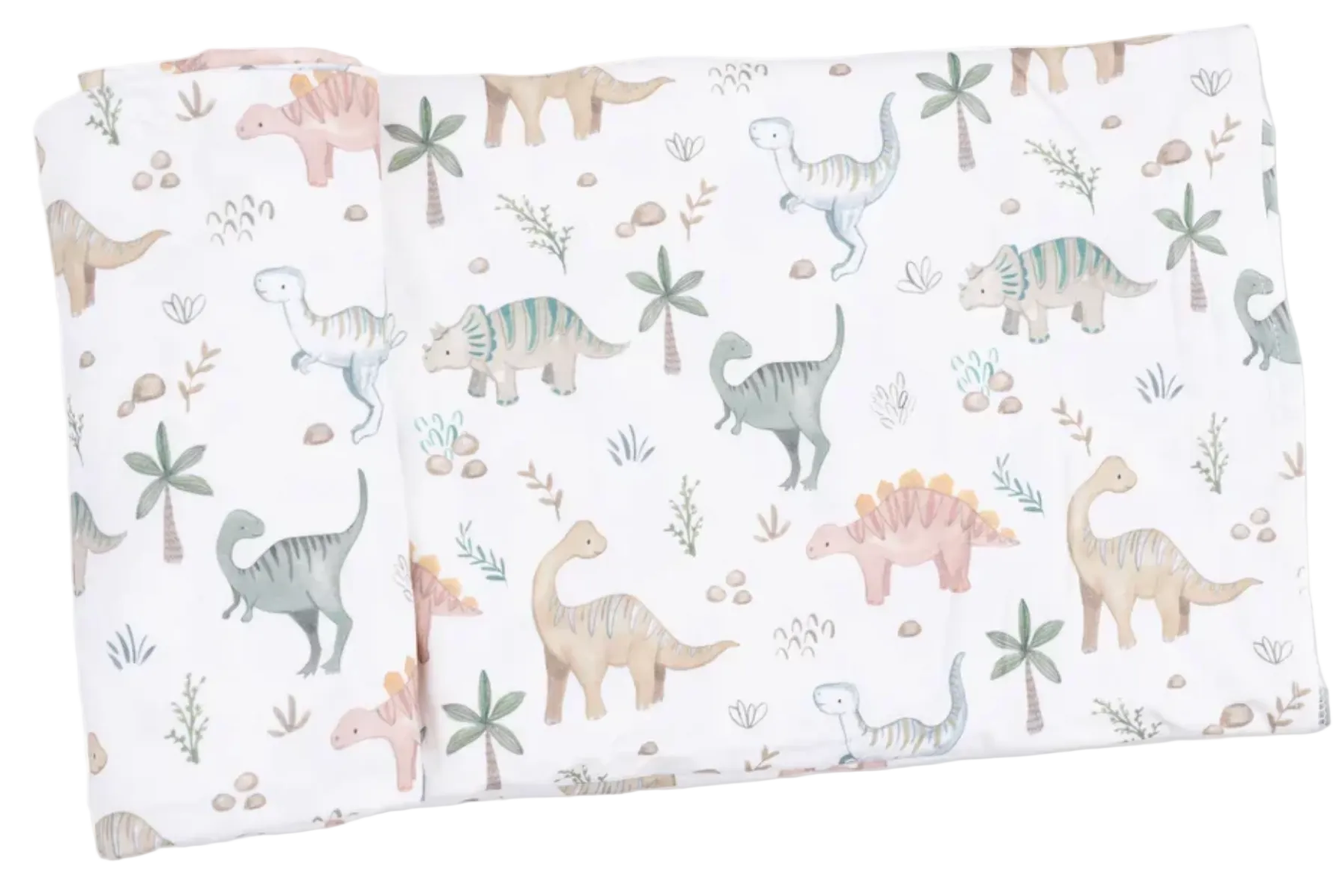 A soft Swaddle Blanket by Angel Dear, featuring a white background with pastel-colored dinosaurs, palm trees, and small rocks. Made from viscose from bamboo, it’s perfect for keeping your little one cozy and comfortable.