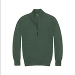 Sid Mashburn’s Fine-Gauge Half-Zip Sweater in forest green, crafted from luxurious Escorial wool, features a quarter-zip collar, ribbed cuffs and waistband, and is shown laid flat on a white background.