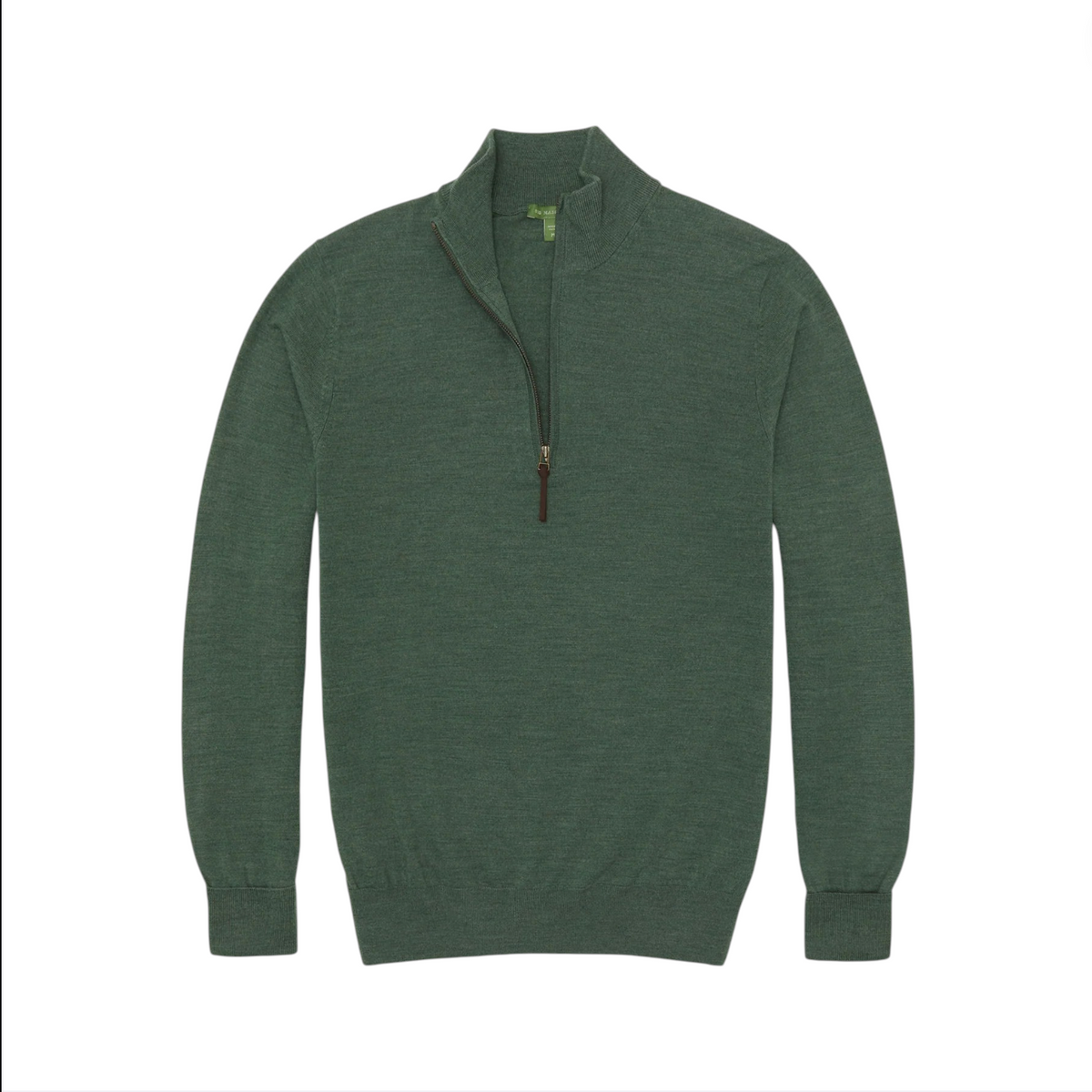 Sid Mashburn’s Fine-Gauge Half-Zip Sweater in forest green, crafted from luxurious Escorial wool, features a quarter-zip collar, ribbed cuffs and waistband, and is shown laid flat on a white background.