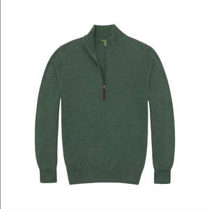 Sid Mashburn’s Fine-Gauge Half-Zip Sweater in forest green, crafted from luxurious Escorial wool, features a quarter-zip collar, ribbed cuffs and waistband, and is shown laid flat on a white background.