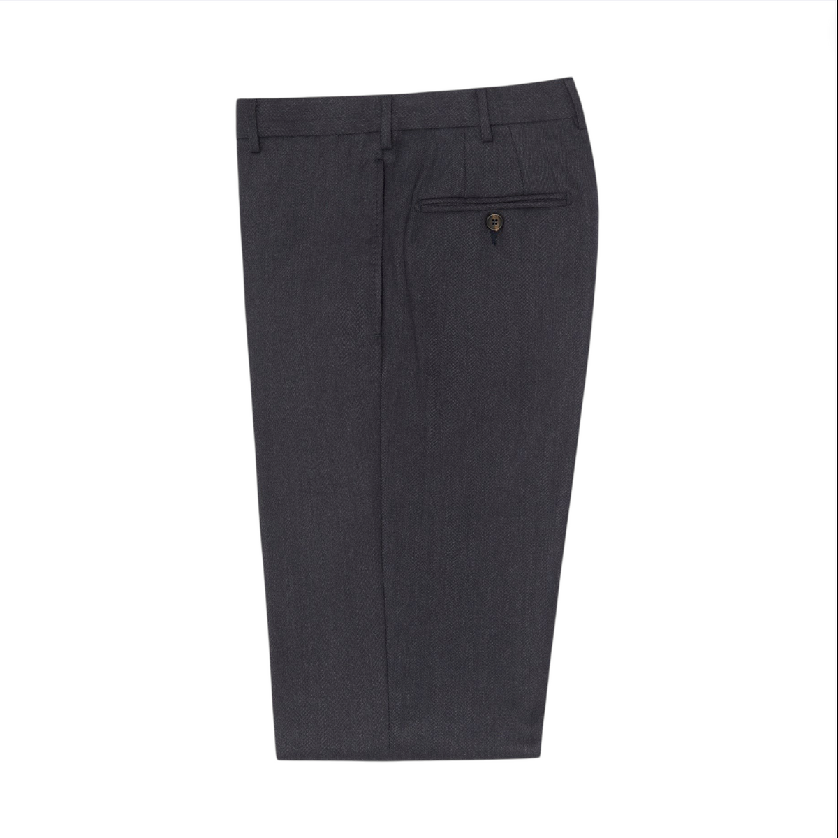 A pair of Sid Mashburn Dress Trouser in dark gray cavalry twill, neatly folded with visible belt loops and a single buttoned back pocket, displayed on a white background.