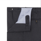 Close-up of a pair of Sid Mashburn Dress Trousers in dark gray cavalry twill with the fly open, revealing the inner waistband and button closure.