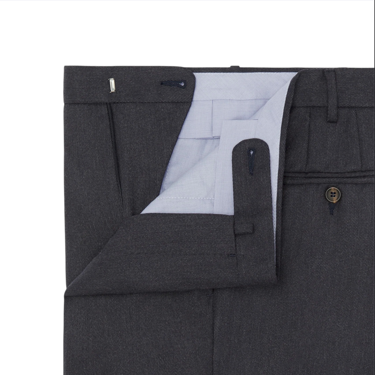 Close-up of a pair of Sid Mashburn Dress Trousers in dark gray cavalry twill with the fly open, revealing the inner waistband and button closure.