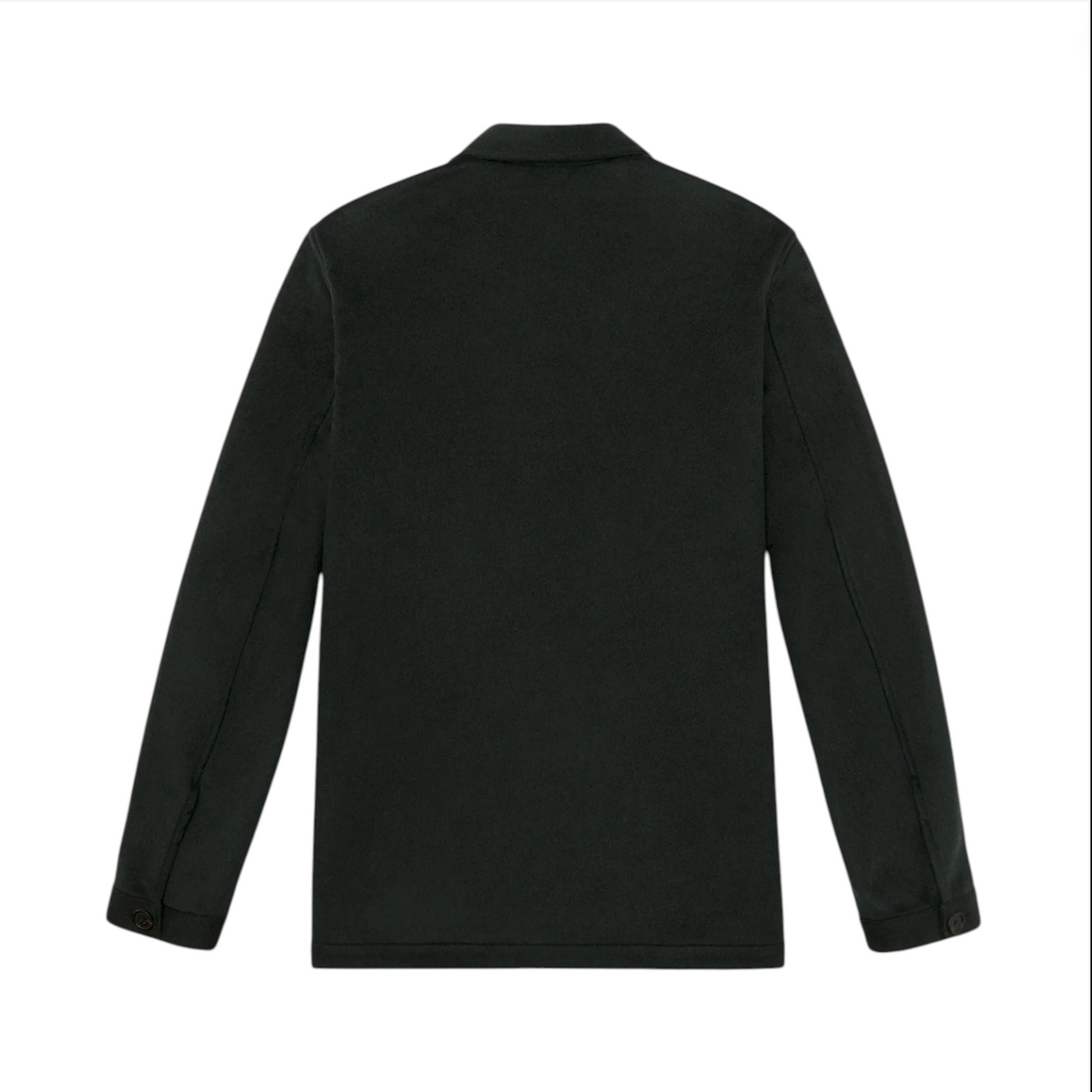 Back view of the Sid Mashburn Chore Jacket—a long-sleeve black jacket with a collar, crafted from soft cashmere flannel—shown against a plain white background.