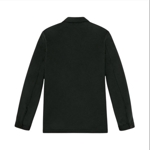 Back view of the Sid Mashburn Chore Jacket—a long-sleeve black jacket with a collar, crafted from soft cashmere flannel—shown against a plain white background.