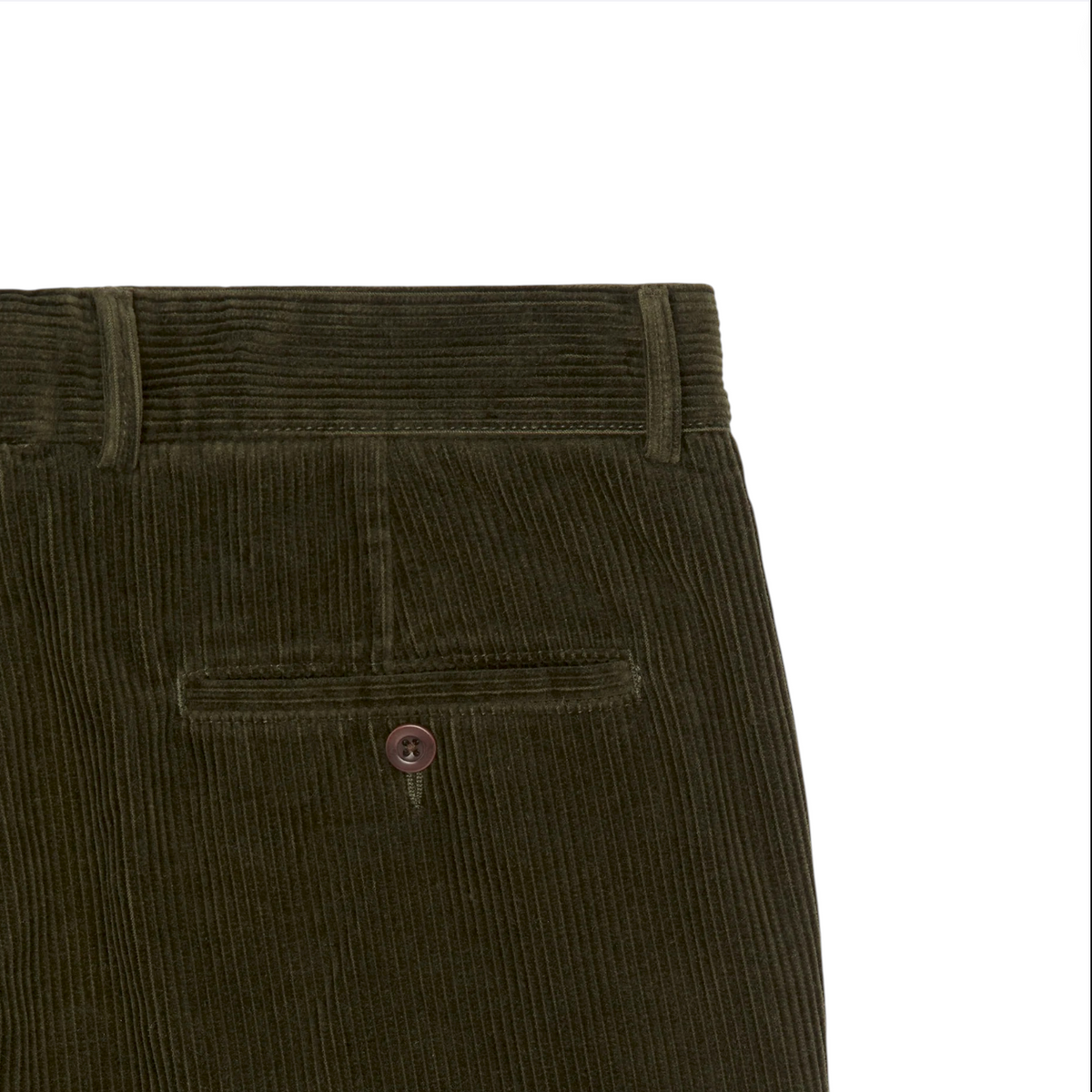 Close-up of the Sid Mashburn Field Pant in olive green wide-wale corduroy, highlighting the waistband, belt loops, and a single back pocket with button closure.