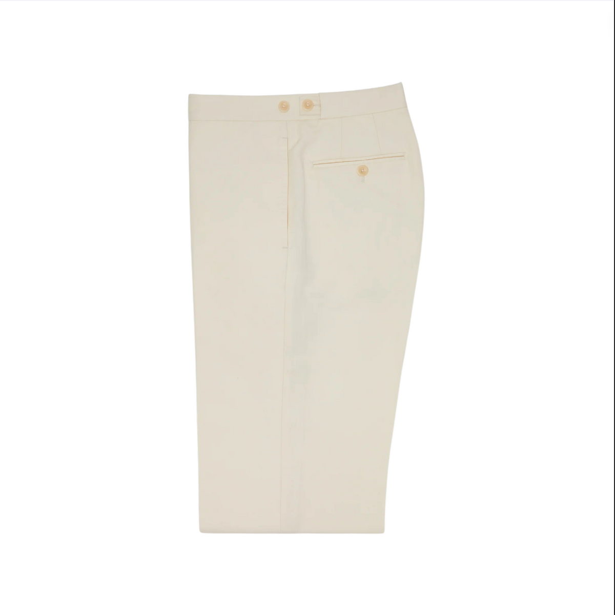 A pair of neatly folded Sid Mashburn Side-Tab Dress Trousers in ivory canvas, featuring a back pocket with button, made in Portugal and displayed on a white background.