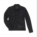 A black Sid Mashburn Work Jacket, expertly crafted from luxurious Italian goat suede, features two chest flap pockets and long sleeves—shown laid flat on a white background. This refined yet functional piece is perfect for stylish layering.