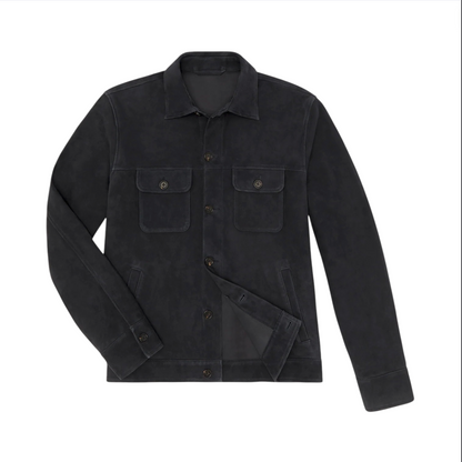 A black Sid Mashburn Work Jacket, expertly crafted from luxurious Italian goat suede, features two chest flap pockets and long sleeves—shown laid flat on a white background. This refined yet functional piece is perfect for stylish layering.