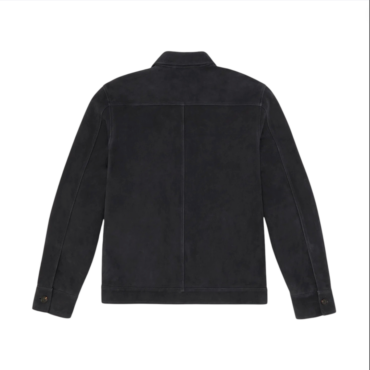 A refined layering piece for any wardrobe, the Sid Mashburn Work Jacket is shown in black Italian goat suede from the back. It features a straight yoke, long sleeves with buttoned cuffs, and a flat collar, all set against a white background.