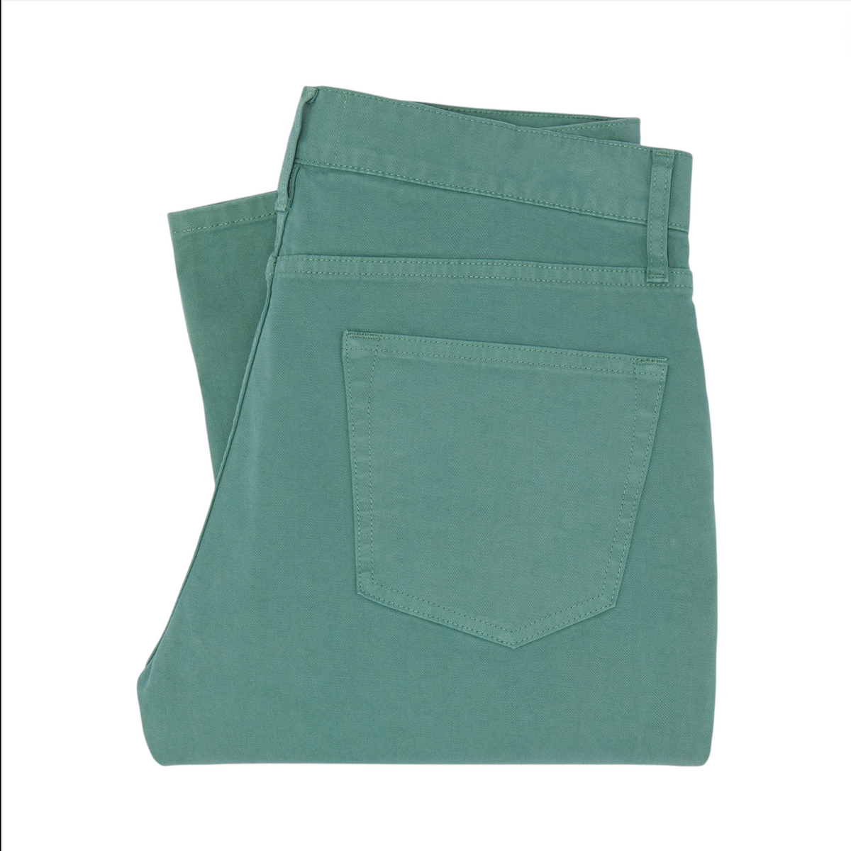 A pair of Sid Mashburn Slim Straight 5-Pocket Pants in light green, crafted from garment-dyed Italian twill, is neatly folded with the back pocket visible against a white background.