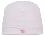The Premier Puppy Paws Hand Emb. Striped Hat by Kissy Kissy is a light pink baby hat crafted from ultra-soft Pima cotton and features a small embroidered pink poodle on the front.