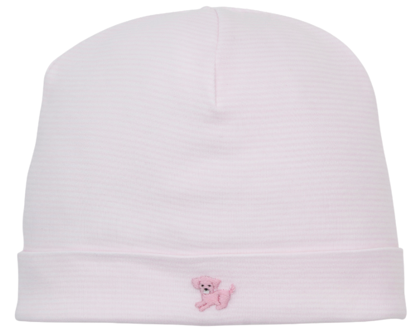 The Premier Puppy Paws Hand Emb. Striped Hat by Kissy Kissy is a light pink baby hat crafted from ultra-soft Pima cotton and features a small embroidered pink poodle on the front.