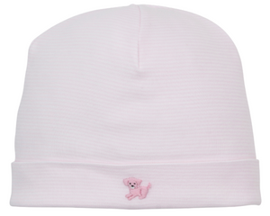 The Premier Puppy Paws Hand Emb. Striped Hat by Kissy Kissy is a light pink baby hat crafted from ultra-soft Pima cotton and features a small embroidered pink poodle on the front.