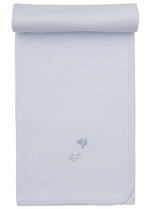 Premier Puppy Paws Hand Emb. Blanket by Kissy Kissy in light blue Pima cotton with subtle stripes, featuring a small hand embroidered design of two blue fish and one white fish near the lower center.