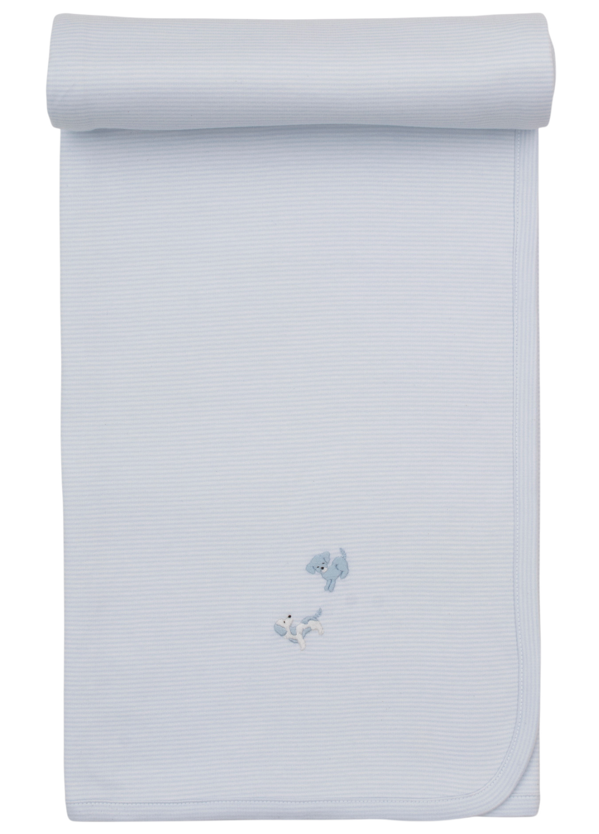 Premier Puppy Paws Hand Emb. Blanket by Kissy Kissy in light blue Pima cotton with subtle stripes, featuring a small hand embroidered design of two blue fish and one white fish near the lower center.