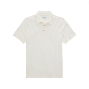 The Bryce Polo by AG Jeans is a classic-fit, plain white short-sleeve shirt featuring a collar and two-button placket, displayed laid flat on a white background.