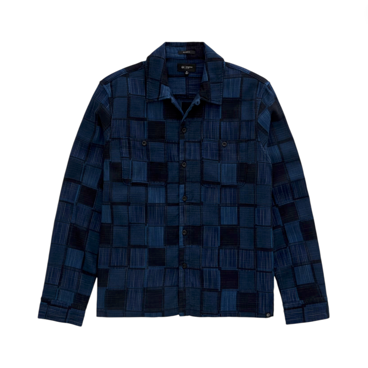 The Louis Camp Shirt by AG Jeans is a long-sleeve button-up cotton jacquard shirt in a blue and navy checkered pattern, featuring two chest pockets and shown laid flat on a white background.