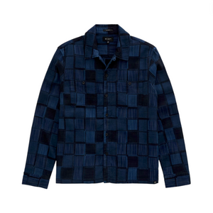 The Louis Camp Shirt by AG Jeans is a long-sleeve button-up cotton jacquard shirt in a blue and navy checkered pattern, featuring two chest pockets and shown laid flat on a white background.