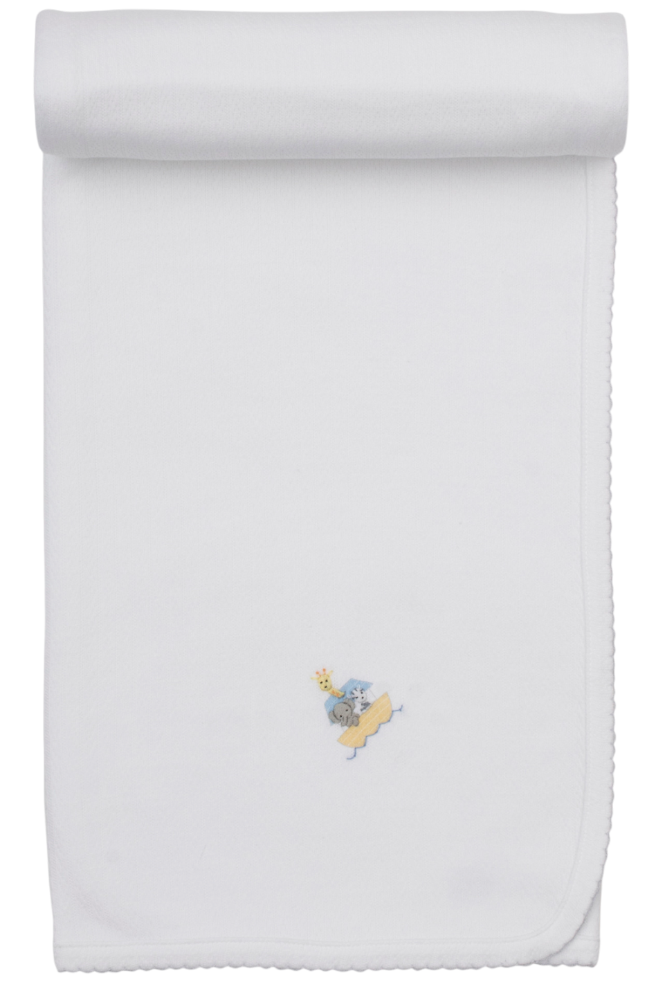 The Kissy Kissy Premier Noah’s Journey Blanket is crafted from white Pima cotton with scalloped edges, rolled at the top, and features a small embroidered gray mouse on a yellow wedge of cheese near the bottom center, offering an irresistibly soft touch for your little one.