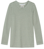 Kids’ Slim Rib Stripe Tee by Serendipity, featuring green and white horizontal stripes and long sleeves, crafted from organic cotton, shown on a white background.