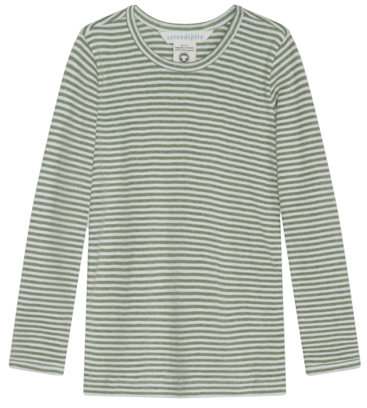 Kids’ Slim Rib Stripe Tee by Serendipity, featuring green and white horizontal stripes and long sleeves, crafted from organic cotton, shown on a white background.
