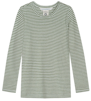 Kids’ Slim Rib Stripe Tee by Serendipity, featuring green and white horizontal stripes and long sleeves, crafted from organic cotton, shown on a white background.