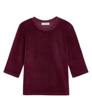 Deep purple long-sleeve crewneck Corfu Velour Top in a slim-fitting velour.
