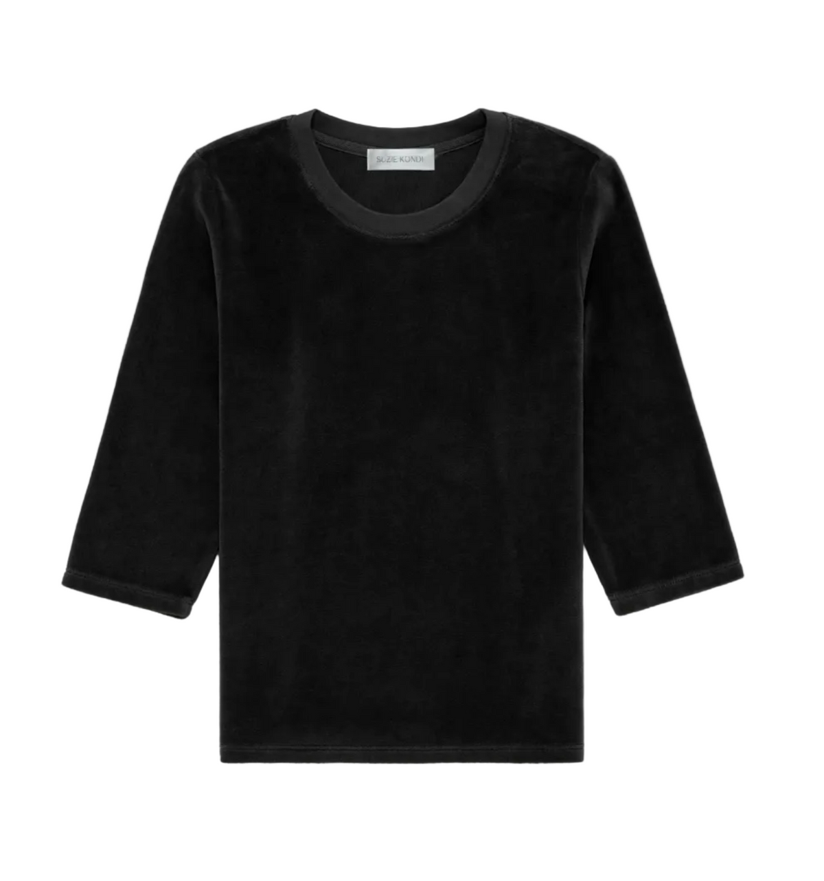 Suzie Kondi Corfu Velour Top: a slim-fitting black long-sleeved shirt with a round neckline and velvet-like texture that creates a tapered silhouette.