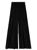 Black, full-flared Megalo Velour Pants with an elasticized waistband and front seam detail.