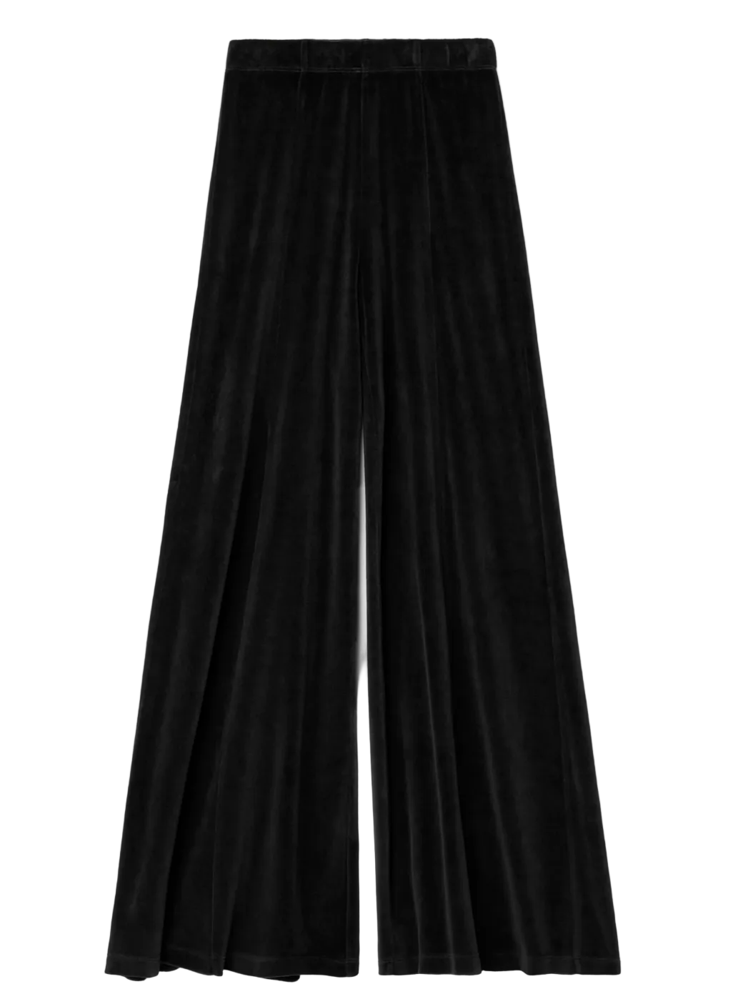 Black, full-flared Megalo Velour Pants with an elasticized waistband and front seam detail.