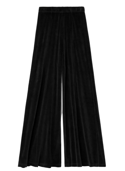 Black, full-flared Megalo Velour Pants with an elasticized waistband and front seam detail.