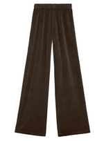 Suzie Kondi Zephyra Velour Pants in dark brown, featuring a wide-leg silhouette and a high-waisted elastic waistband.
