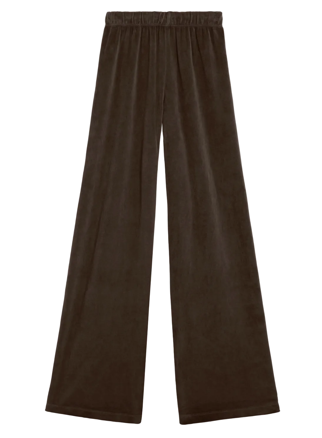 Suzie Kondi Zephyra Velour Pants in dark brown, featuring a wide-leg silhouette and a high-waisted elastic waistband.