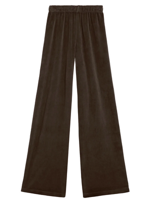 Suzie Kondi Zephyra Velour Pants in dark brown, featuring a wide-leg silhouette and a high-waisted elastic waistband.
