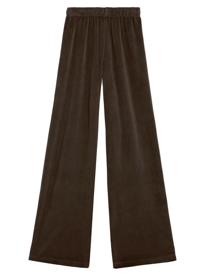 Suzie Kondi Zephyra Velour Pants in dark brown, featuring a wide-leg silhouette and a high-waisted elastic waistband.