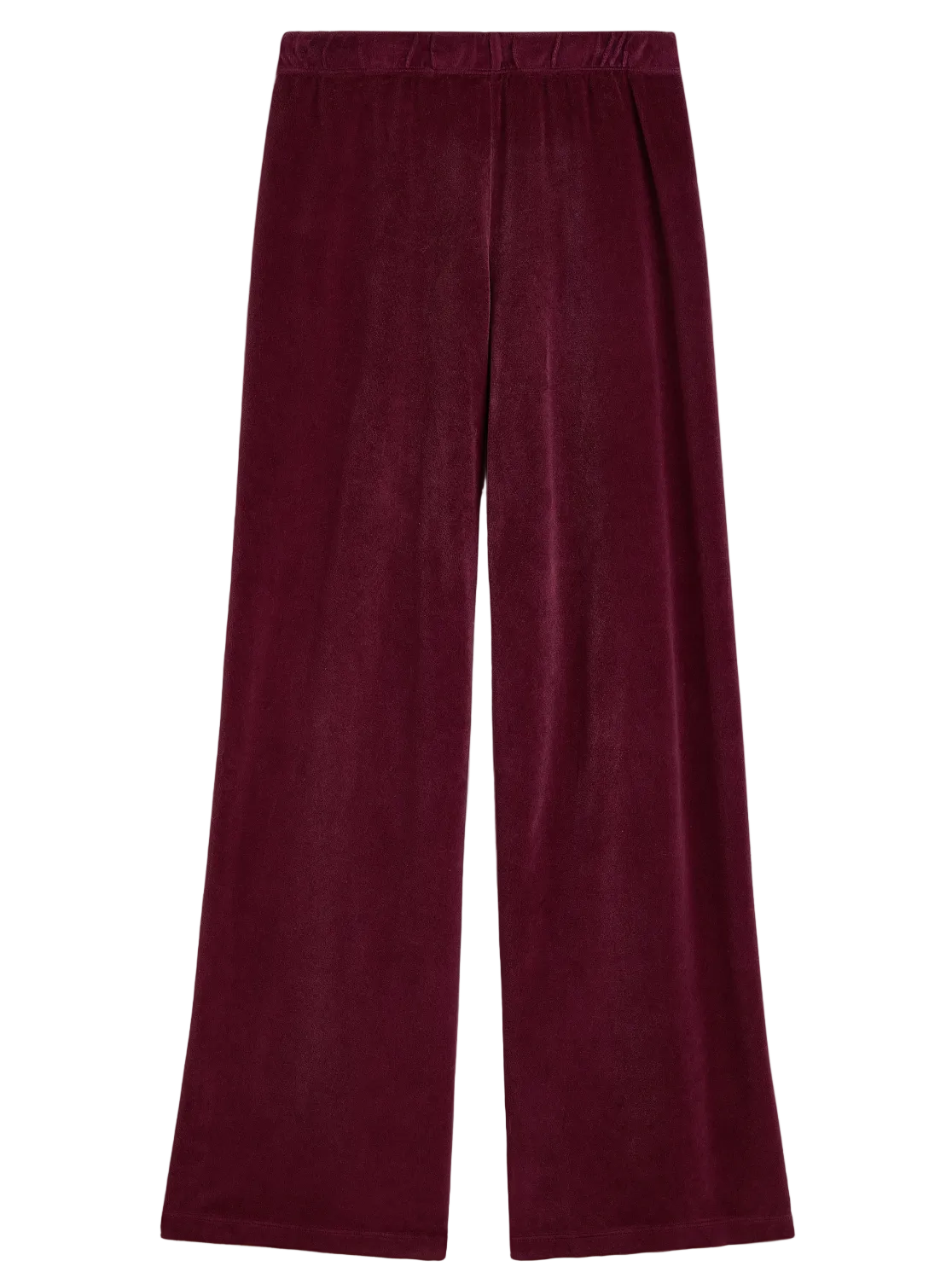 Suzie Kondi Zephyra Velour Pants in deep burgundy with a high-waisted, wide-leg fit and an elastic waistband.