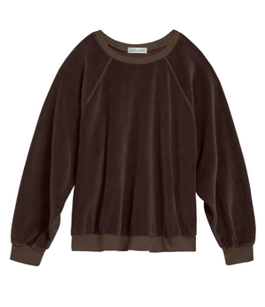 Dark brown, relaxed-fit Samos Velour Sweatshirt with a crew neckline and ribbed trim at the cuffs and hem, perfect for travel.