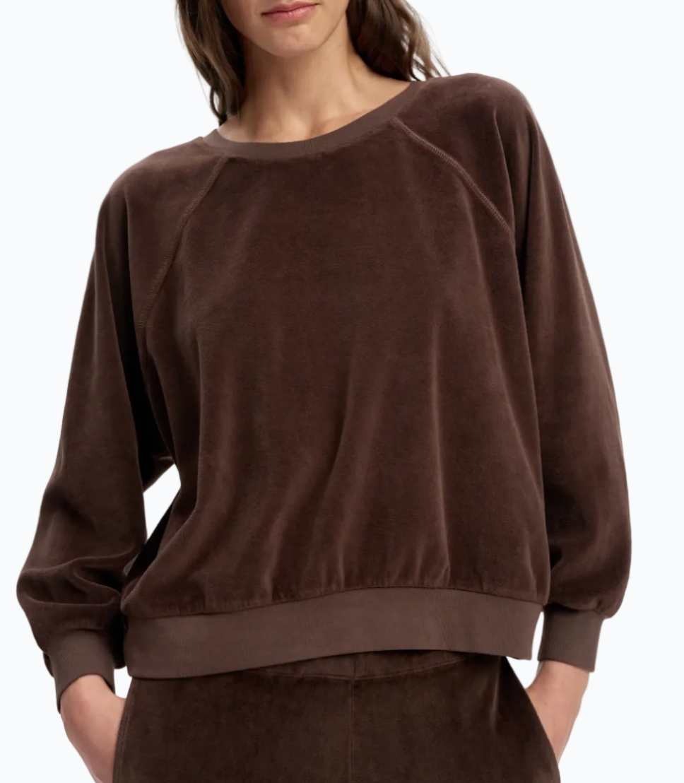 A person wearing a relaxed fit, dark brown Suzie Kondi Samos Velour Sweatshirt with a crew neckline and comfy sleeves.