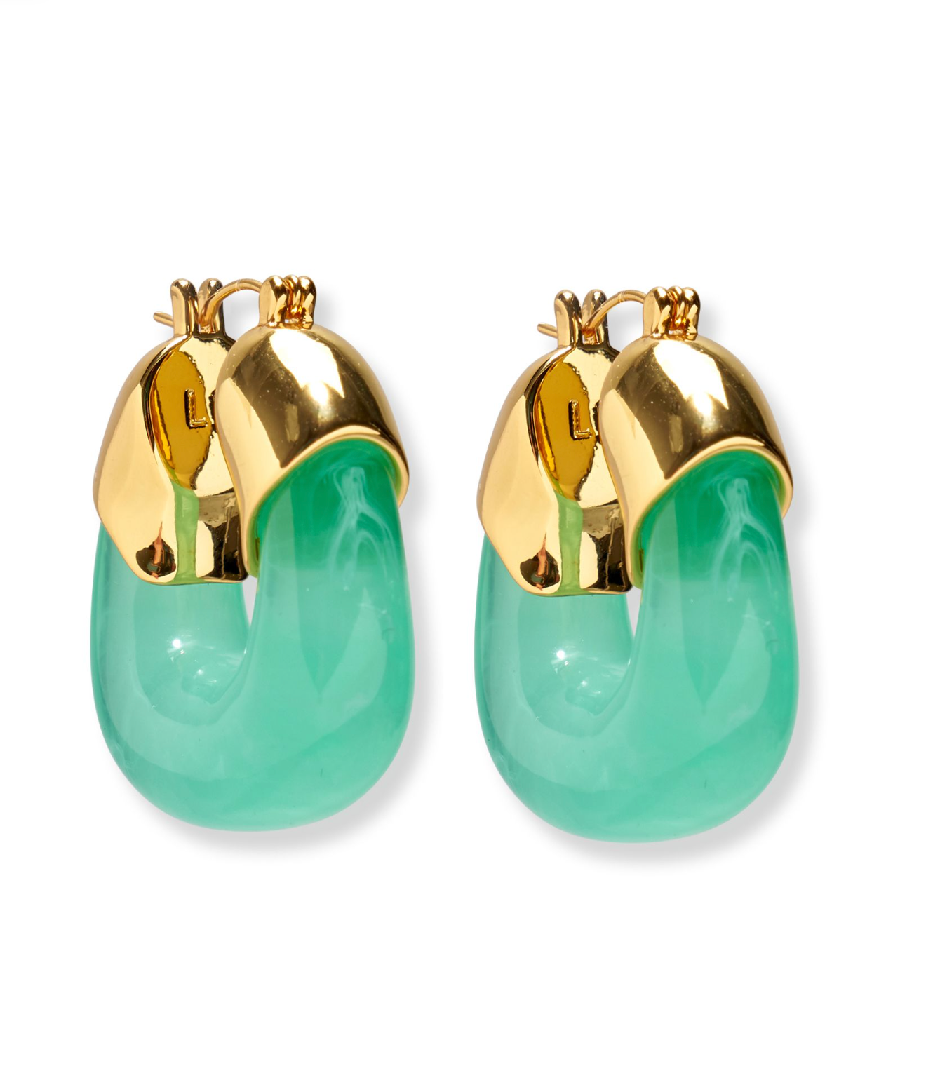 Lizzie Fortunato Organic Hoops, featuring a glossy finish in gold and green resin.