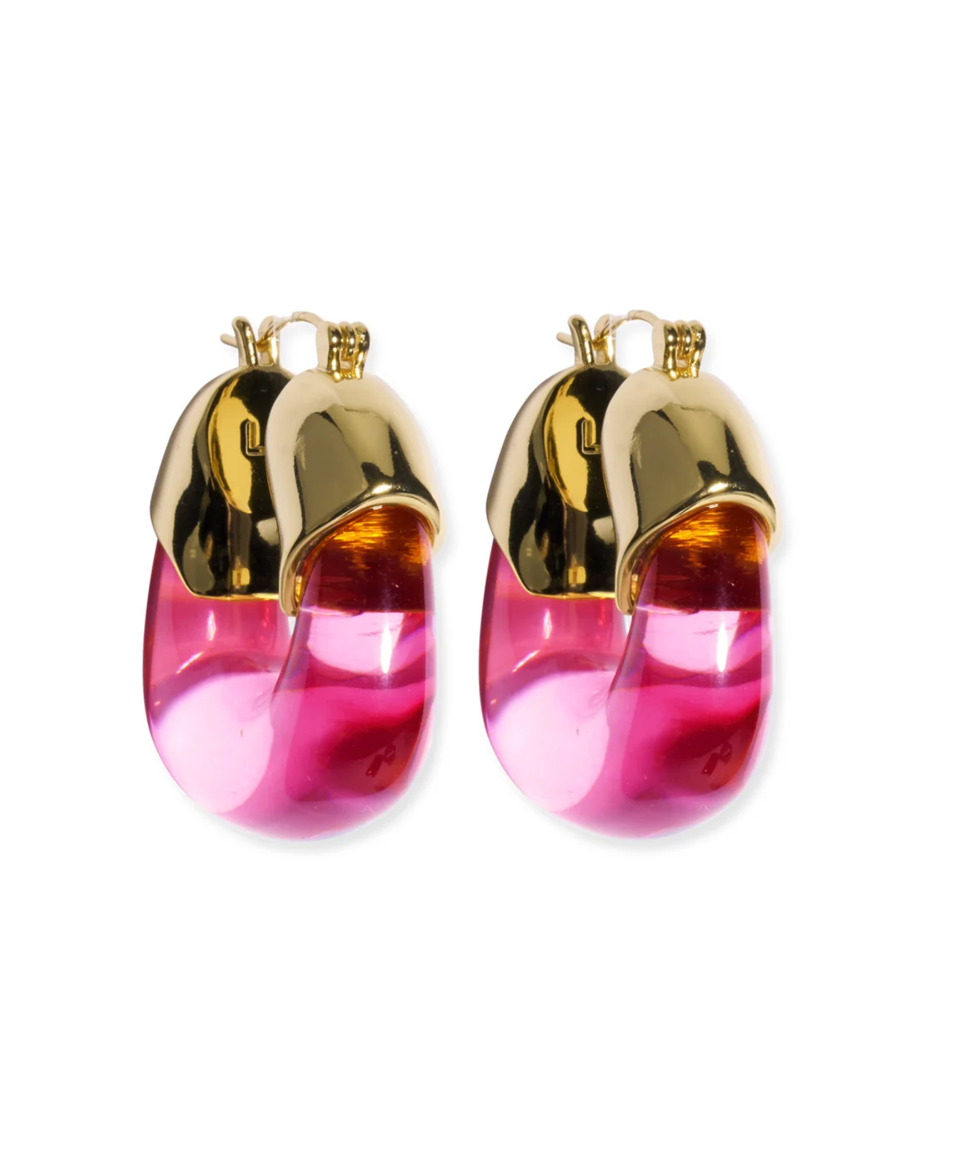 The Lizzie Fortunato Organic Hoops from the brand Lizzie Fortunato are gold and pink glass earrings with a rounded, bulbous design and contrasting shiny gold tops, echoing the elegance of classic gold hoop earrings.