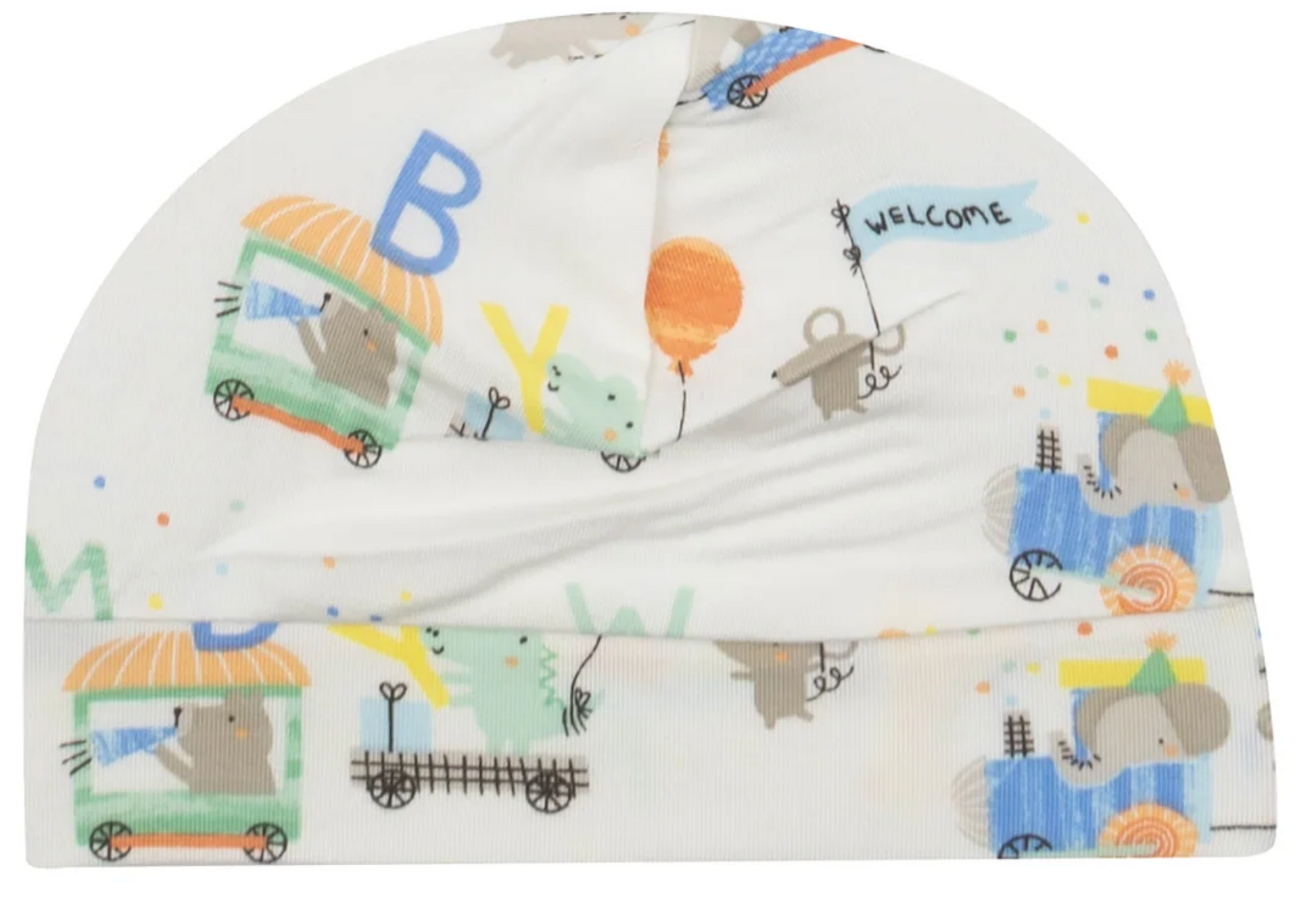 The Angel Dear Animal Train Beanie Hat 0-3M by Angel Dear is a delightful bamboo beanie for children, featuring an adorable pattern of elephants on vehicles with balloons and a joyful "Welcome" banner, making it an ideal whimsical gift for little ones.