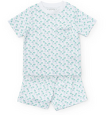 The Lila & Hayes Boys' Charles Short Set is a two-piece kids' outfit made from soft Pima cotton, featuring a tropical palm tree print on white. It includes a short-sleeve t-shirt and matching play shorts.