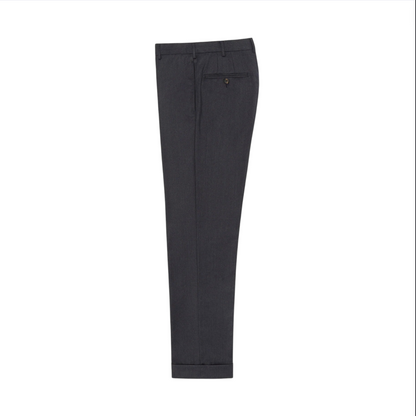 A pair of Sid Mashburn Dress Trousers in dark gray cavalry twill, expertly crafted in Italy with a back button pocket, neatly folded and displayed against a white background.