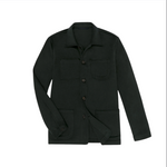 The Sid Mashburn Chore Jacket is a spruce green button-up with a collar, three front pockets, and long sleeves, crafted from soft cashmere flannel and shown against a white background.