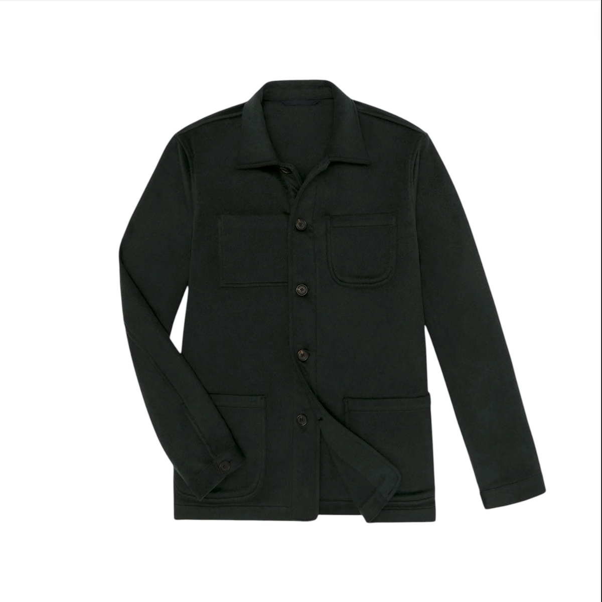 The Sid Mashburn Chore Jacket is a spruce green button-up with a collar, three front pockets, and long sleeves, crafted from soft cashmere flannel and shown against a white background.