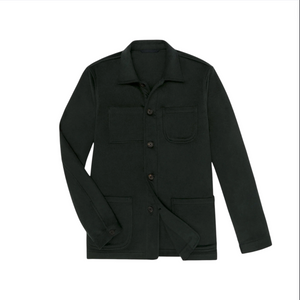 The Sid Mashburn Chore Jacket is a spruce green button-up with a collar, three front pockets, and long sleeves, crafted from soft cashmere flannel and shown against a white background.